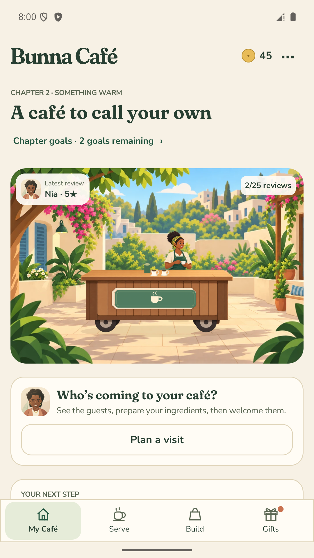 My Café in Chapter 2, showing the new counter and the next goal: serve Lattes