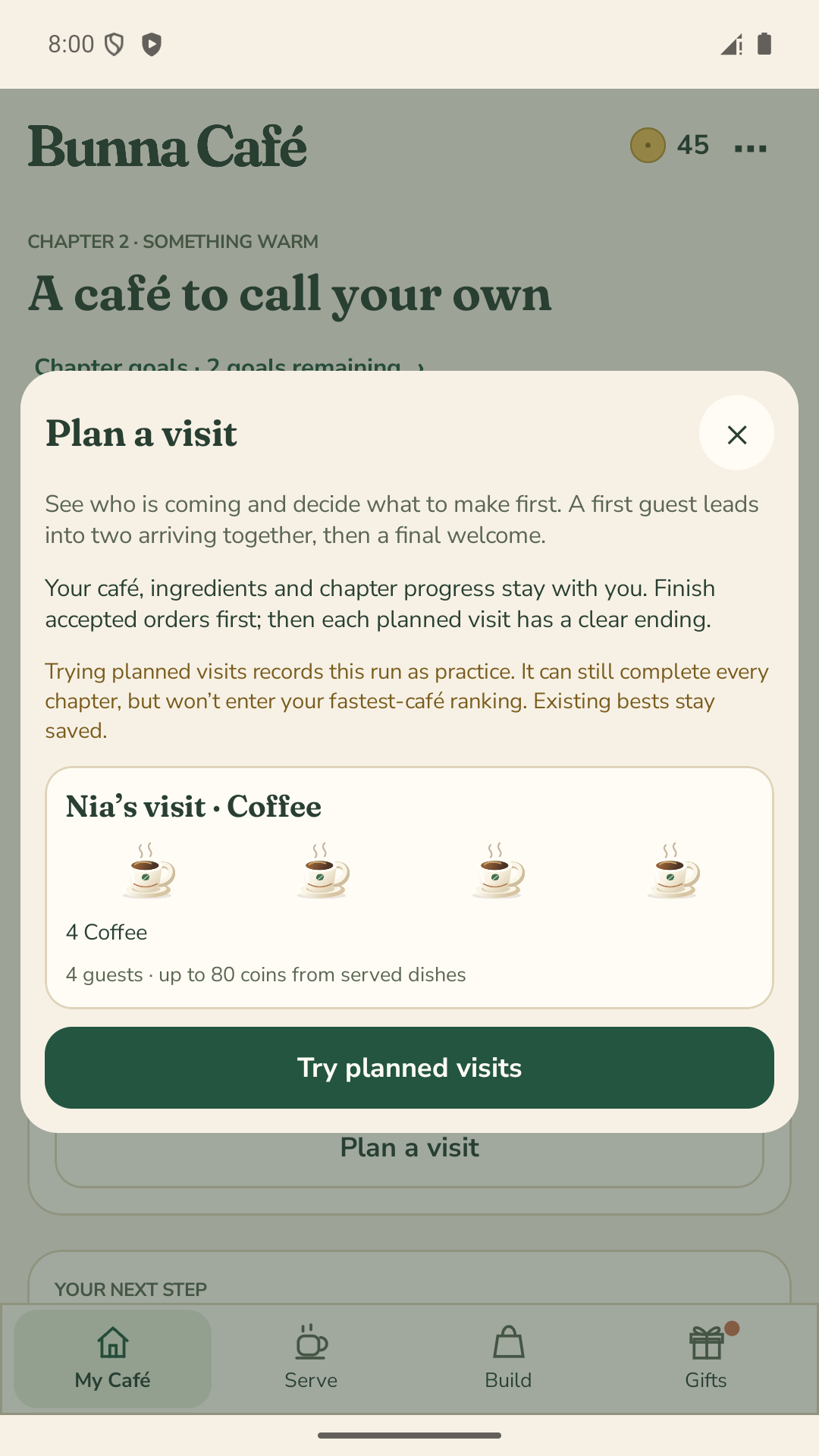 Plan a visit in the Android app, showing named guests, four Coffee orders and a choice to prepare the visit